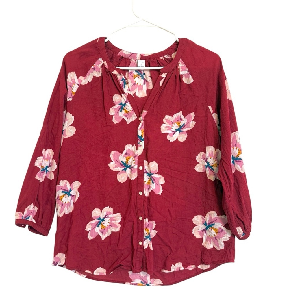 2/$15 Old Navy Red Floral Blouse Size Small Pink Flower 3/4 Sleeve Boho Top
